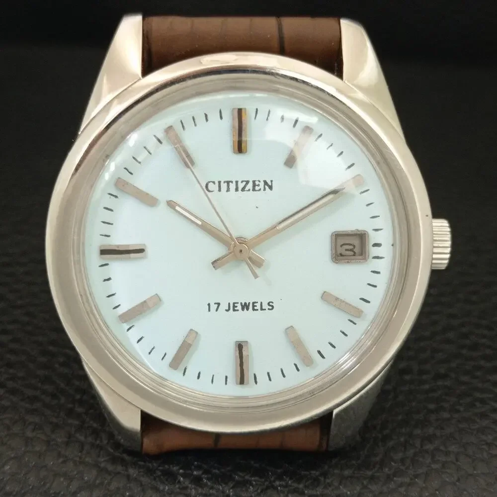 Vintage 1989 Citizen Manual Mens Silver Watch W/daydate & Blue accents